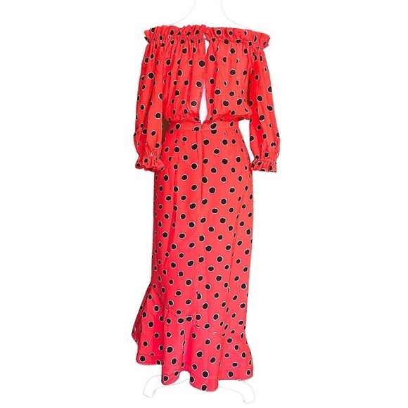 Saloni Midi Dress SILK Red White Black Polka Dot Grace Off Shoulder Ruffle XS 0 - Picture 7 of 12